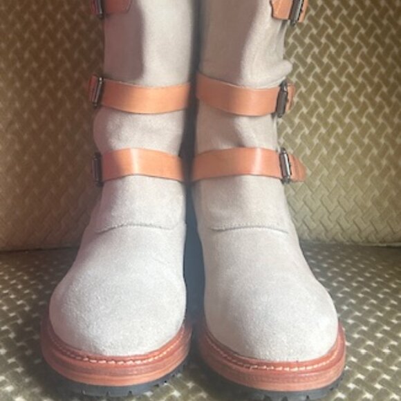 Free People Tristie Buckle Moto Tan Suede Leather Straps Knee High Boots - Picture 15 of 16